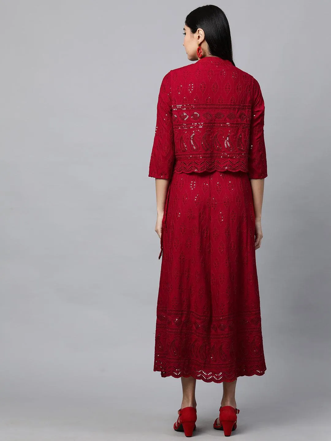 Chikankari Embroidered Maxi Dress with Jacket - Deep Red