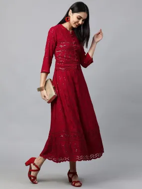 Chikankari Embroidered Maxi Dress with Jacket - Deep Red