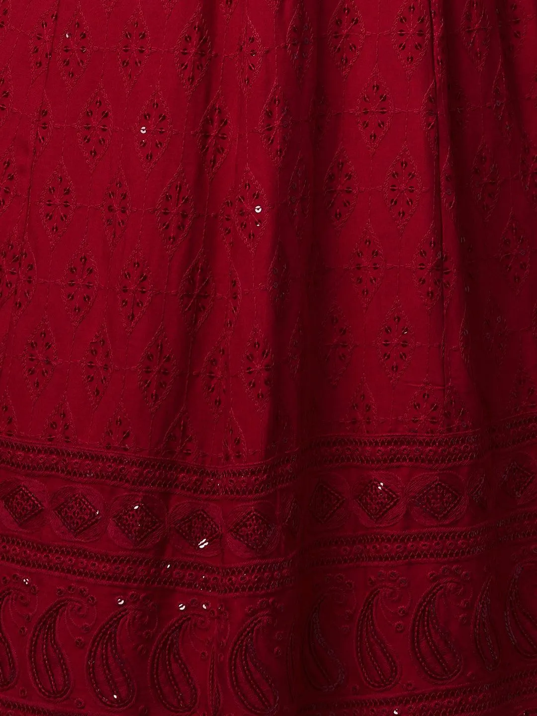 Chikankari Embroidered Maxi Dress with Jacket - Deep Red