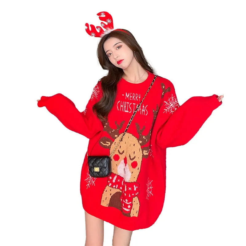 Christmas Elk Sweater Women Wear Loose Sweet Cute Knitted Sweater Top Wholesale