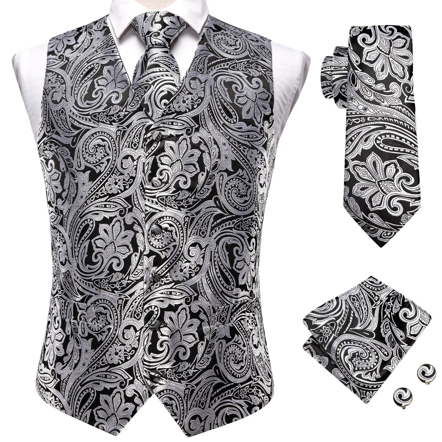 Classic Black Grey Paisley Silk Men's Vest Hanky Cufflinks Tie Set Waistcoat Suit Set