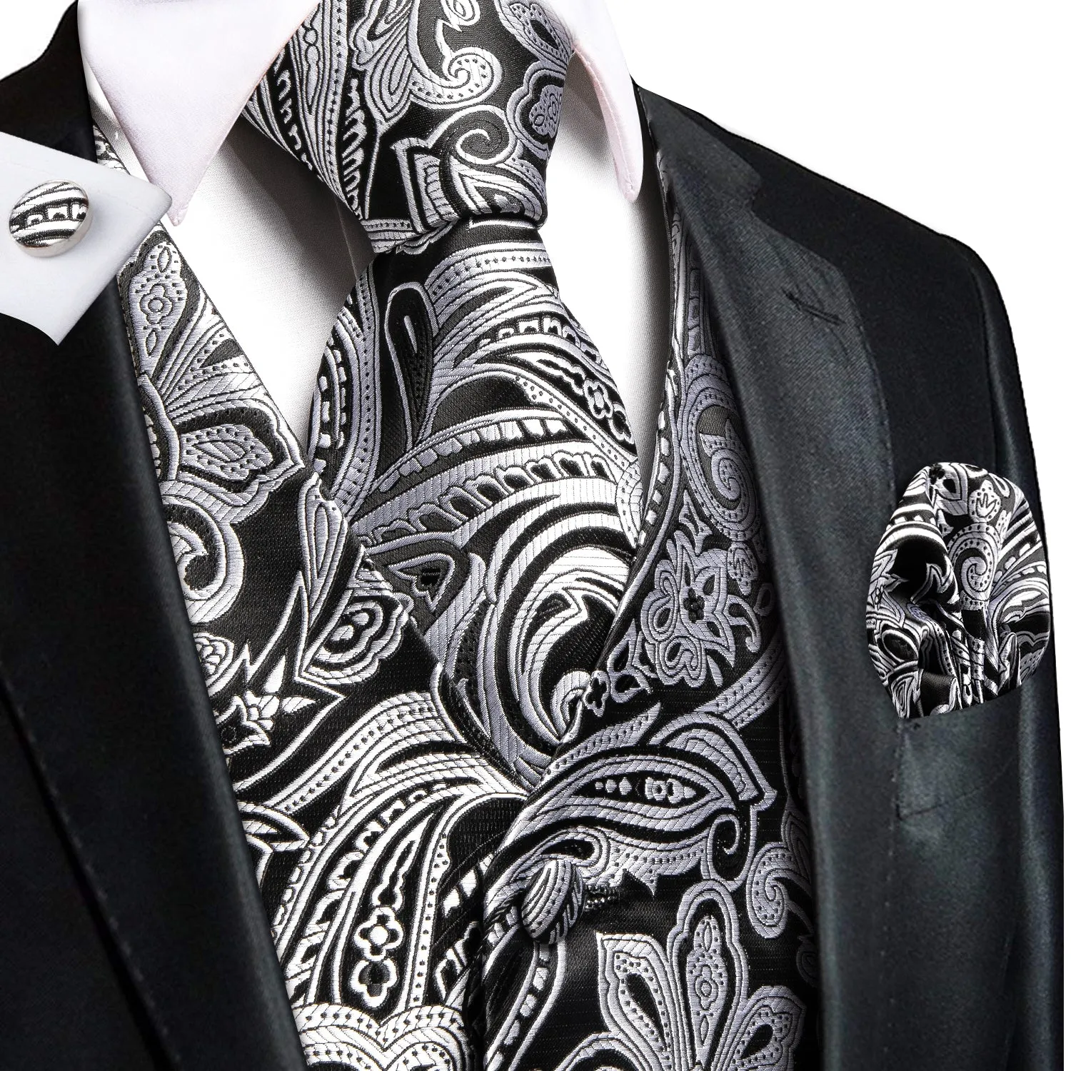 Classic Black Grey Paisley Silk Men's Vest Hanky Cufflinks Tie Set Waistcoat Suit Set