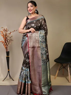 Coffee Brown Saree in Floral Kalamkari Print