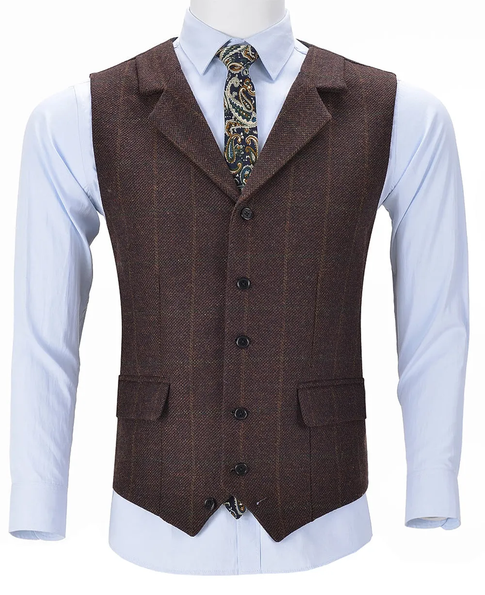 Coffee Formal Plaid Notch Lapel Waistcoat Slim Fit Suit Vest