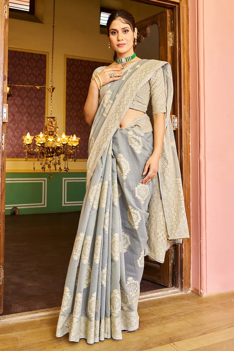 Comely Grey Linen Silk Saree With Excellent Blouse Piece