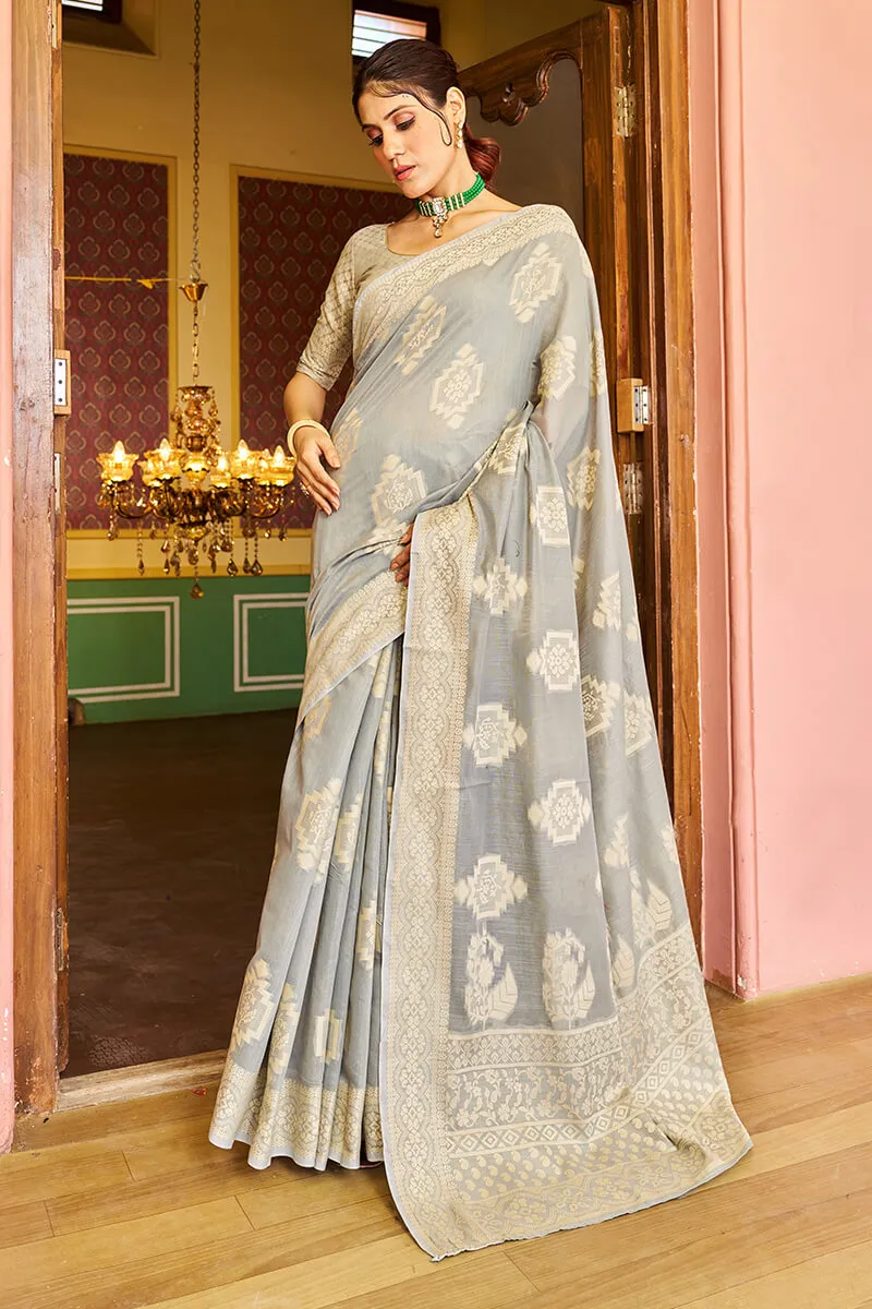 Comely Grey Linen Silk Saree With Excellent Blouse Piece