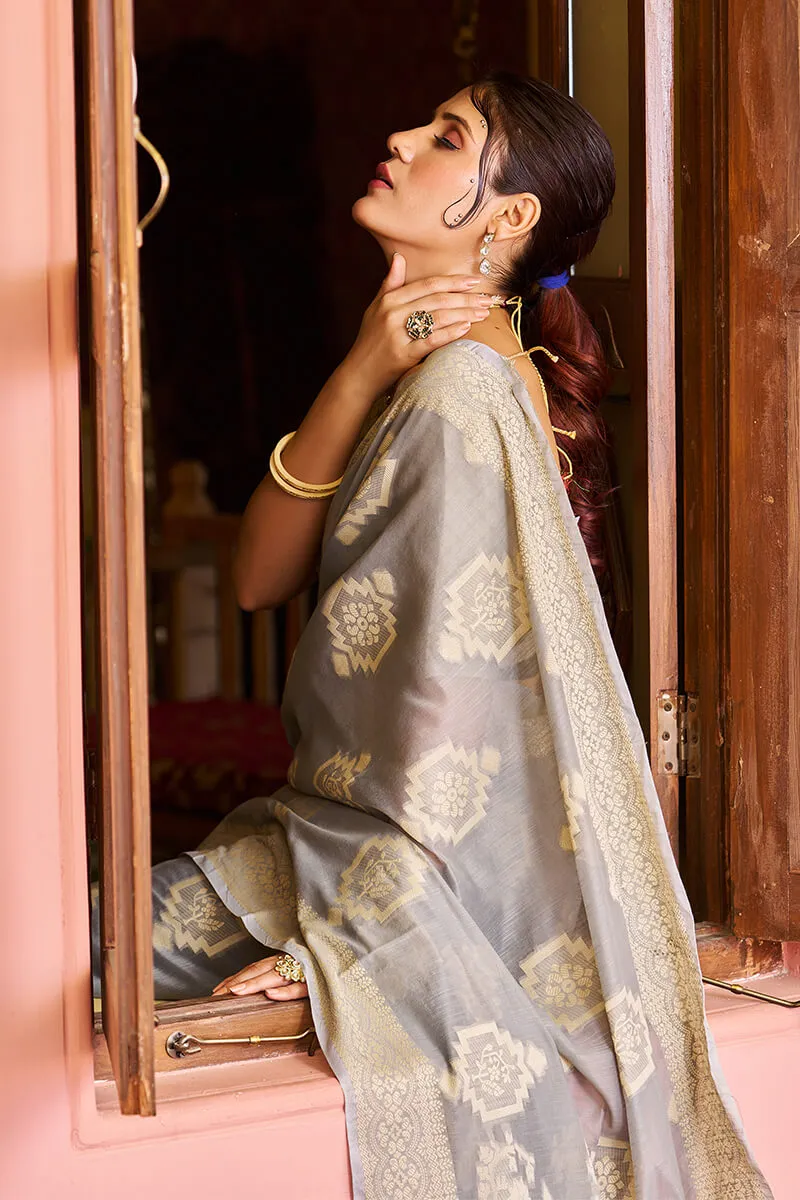 Comely Grey Linen Silk Saree With Excellent Blouse Piece