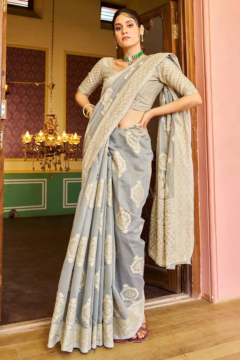 Comely Grey Linen Silk Saree With Excellent Blouse Piece