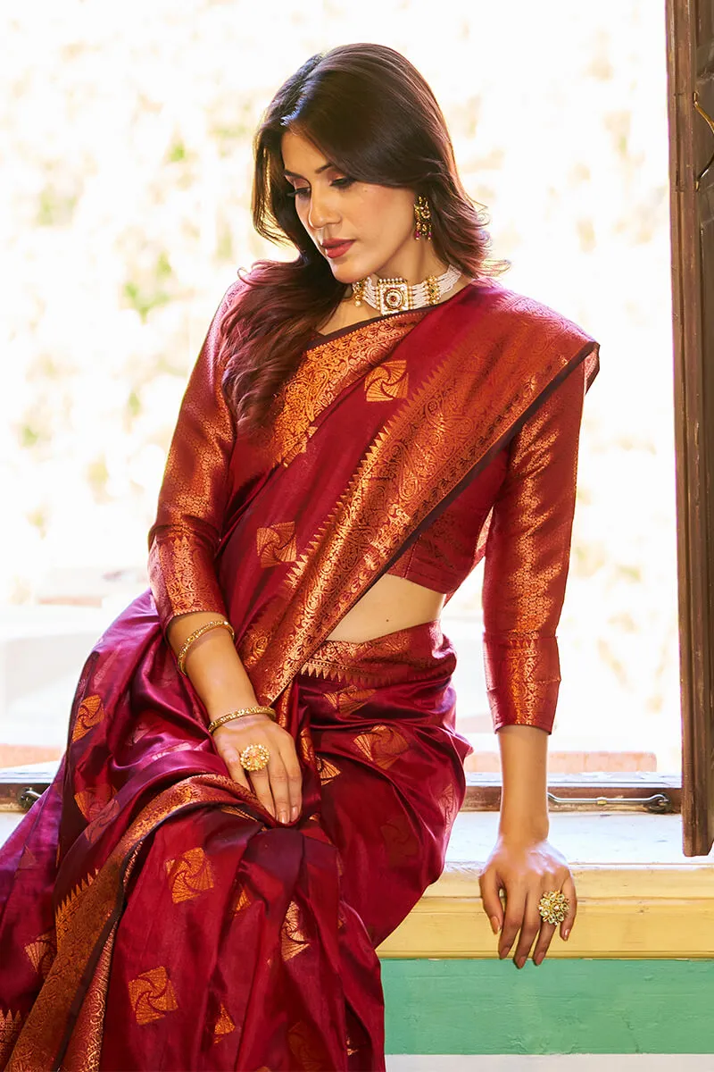 Comely Maroon Soft Banarasi Silk Saree With Excellent Blouse Piece