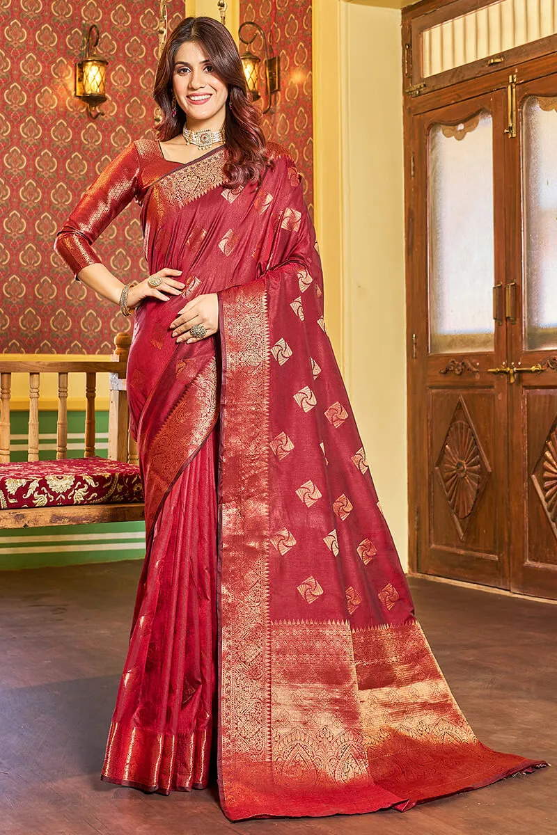 Comely Maroon Soft Banarasi Silk Saree With Excellent Blouse Piece