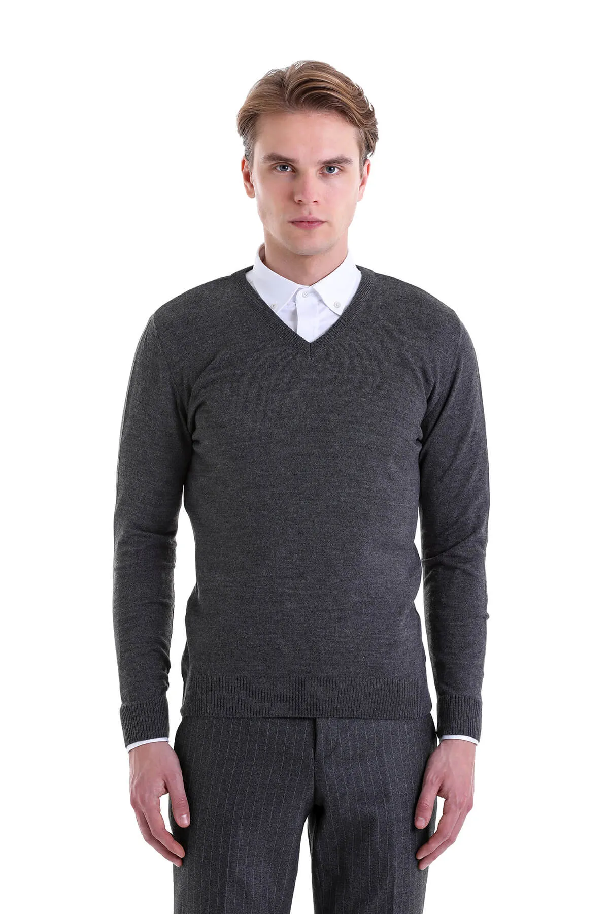 Comfort Fit Wool Blend Dark Gray V-Neck Sweater