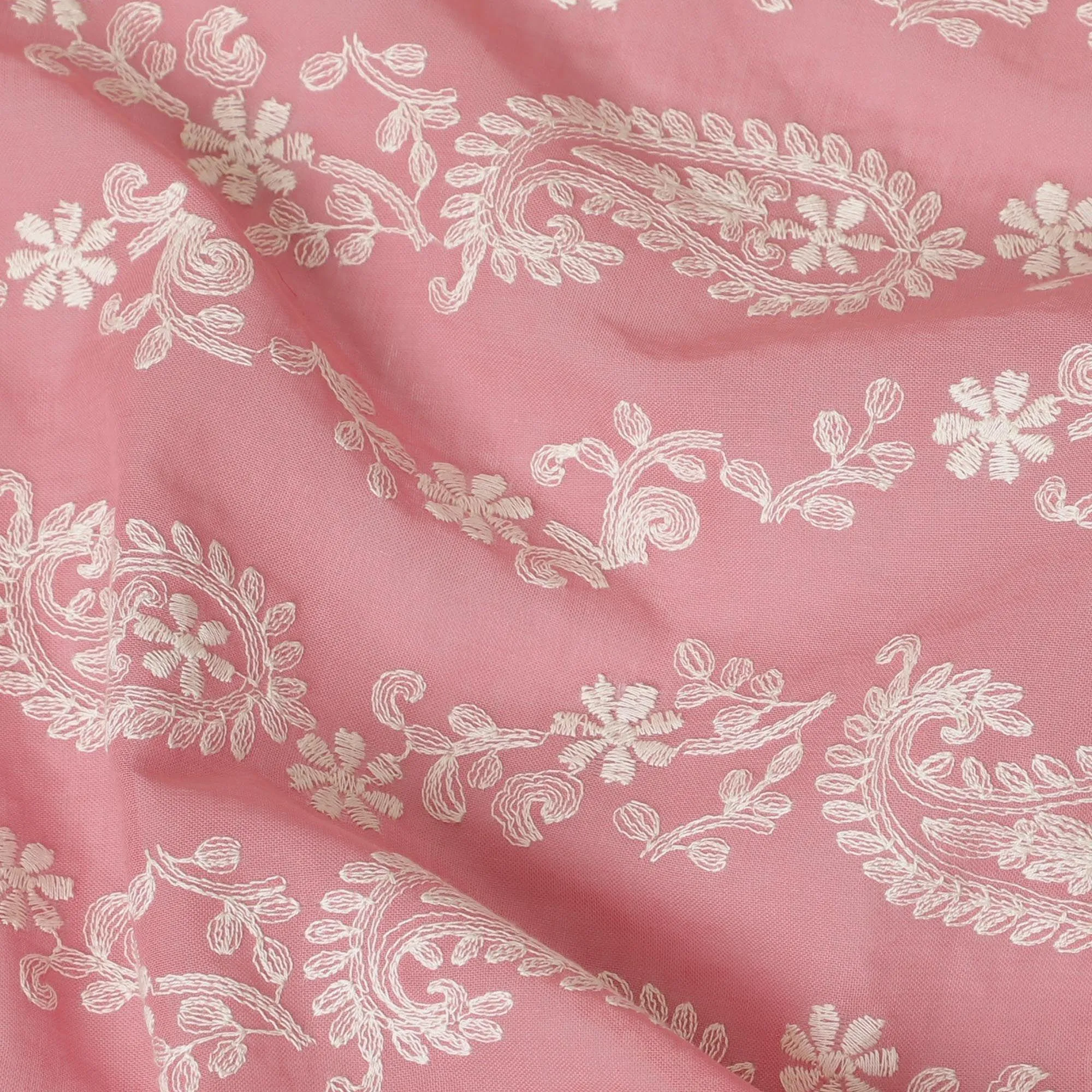 Coral pink premium pure cotton voile fabric with beige embroidery in paisley design-D13635