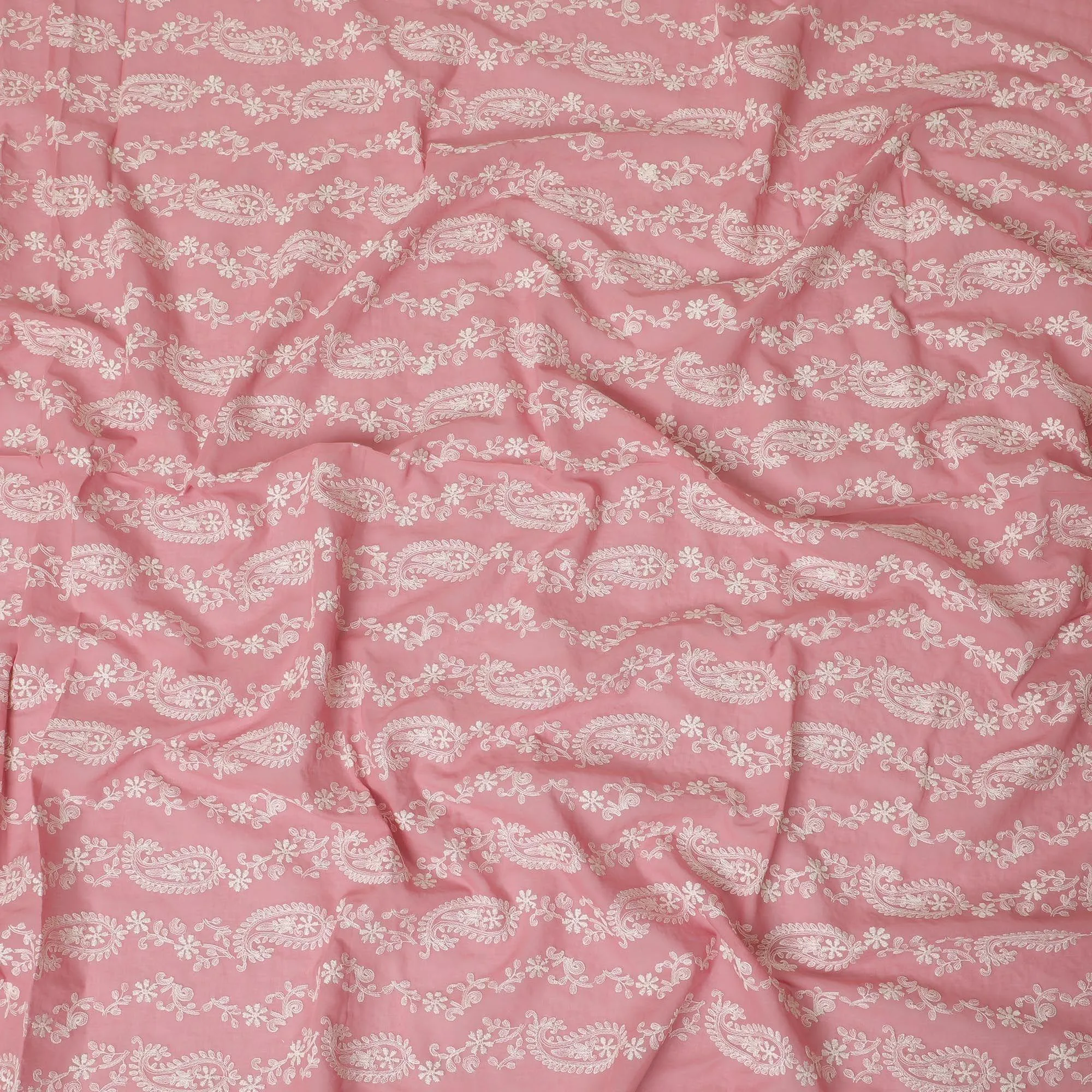 Coral pink premium pure cotton voile fabric with beige embroidery in paisley design-D13635