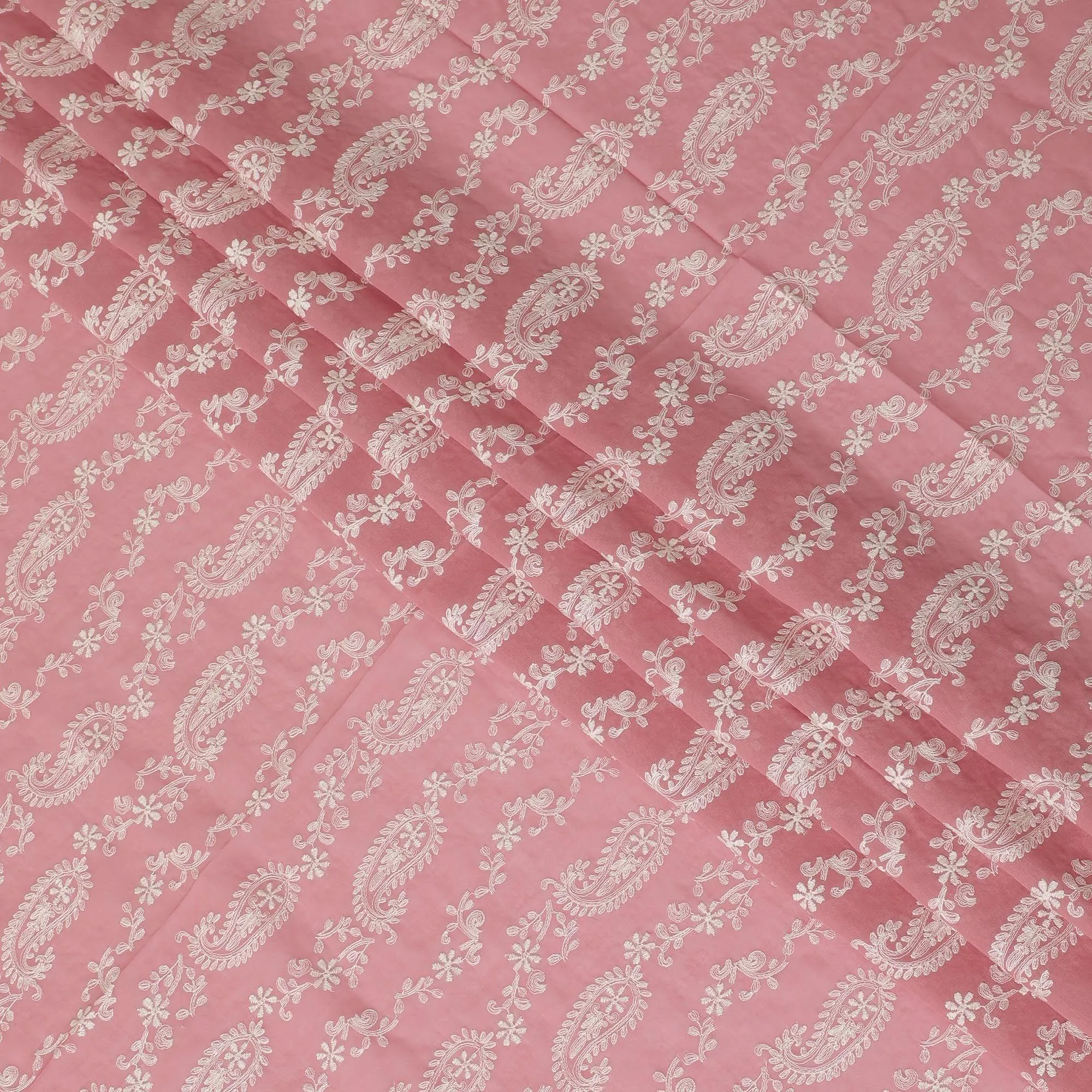 Coral pink premium pure cotton voile fabric with beige embroidery in paisley design-D13635