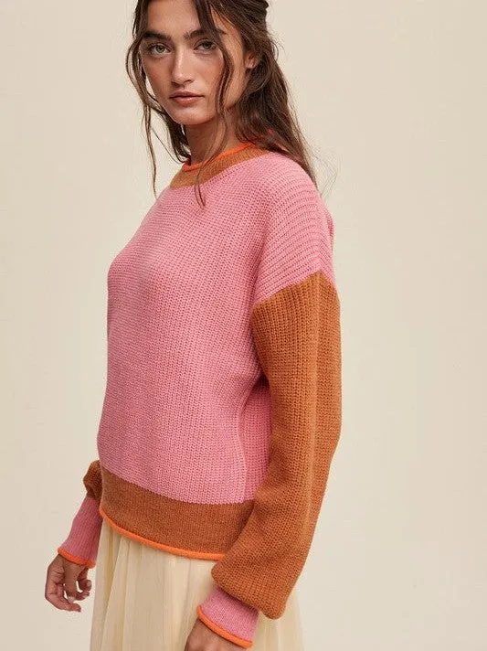 Crafted in PInk Ribbed Knit Color Block Sweater