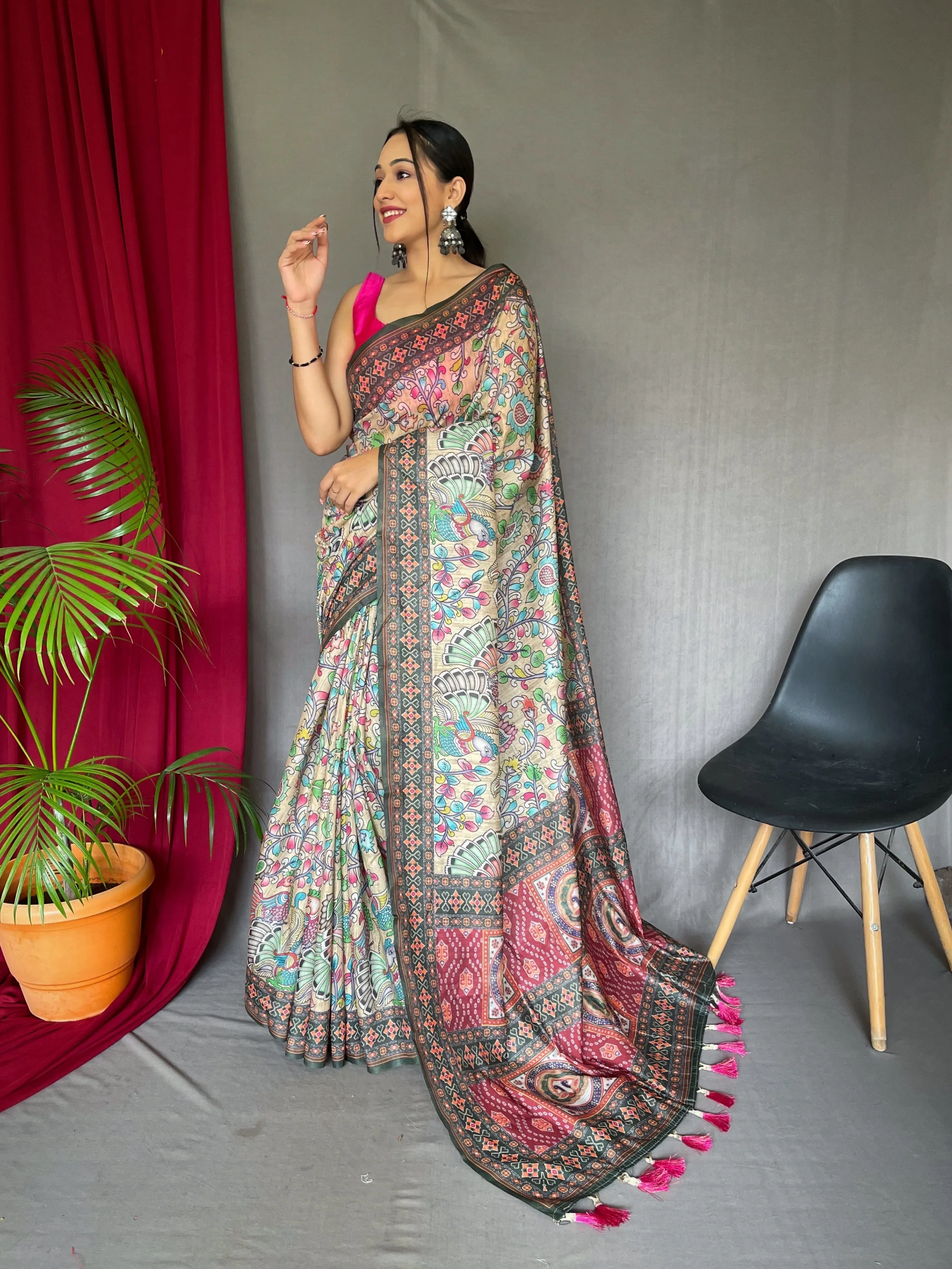 Cream Saree in Cotton Bandhani Kalamkari Print