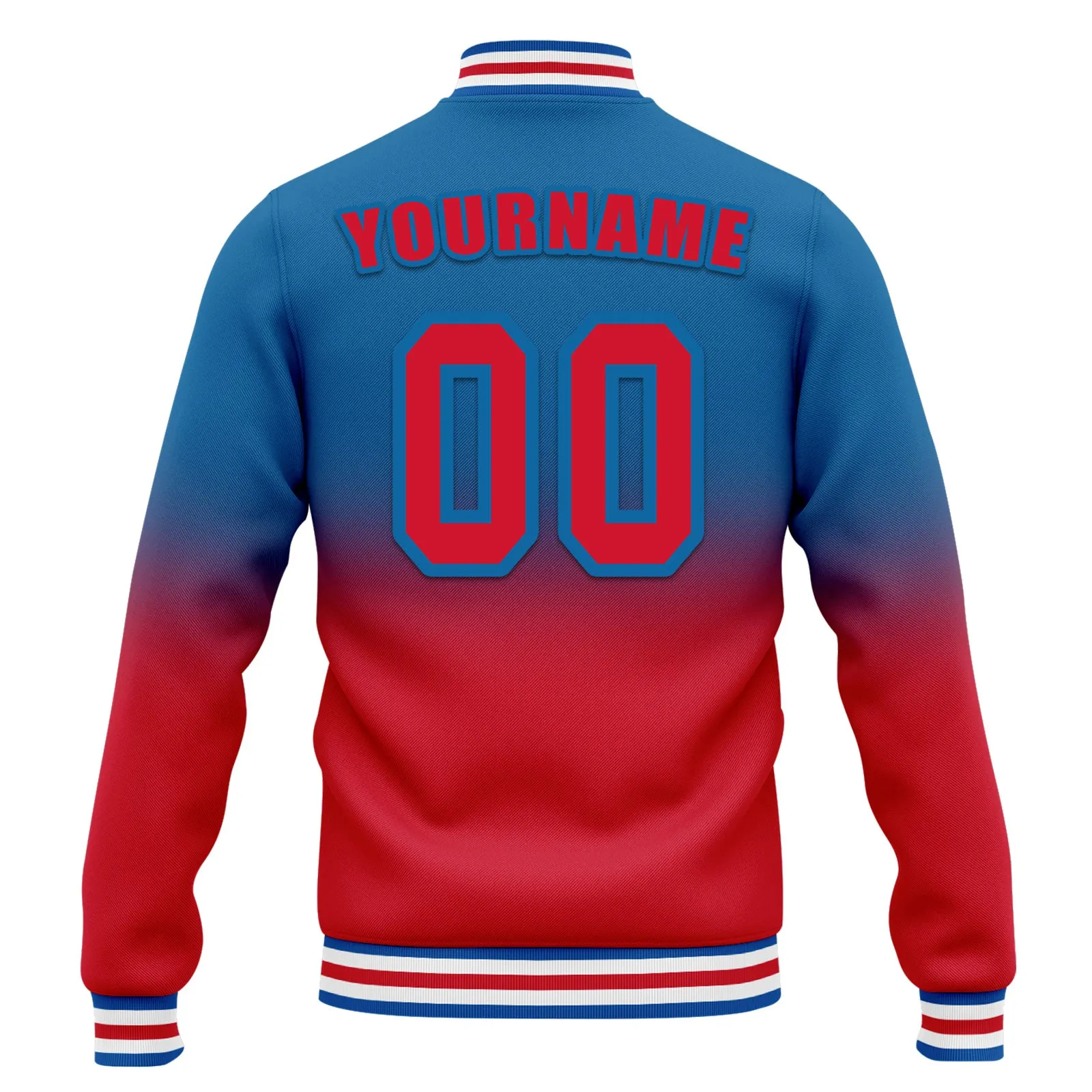 Custom Blue Red Fade Fashion Jacket Bomber Full-Snap Varsity Letterman Personalized Jacket FZ005-D020229-11