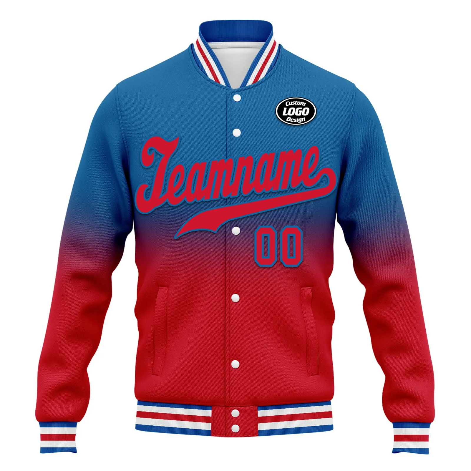 Custom Blue Red Fade Fashion Jacket Bomber Full-Snap Varsity Letterman Personalized Jacket FZ005-D020229-11