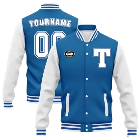 Custom Blue White Jacket Bomber Full-Snap Varsity Letterman Personalized Jacket FZ005-D020255-11