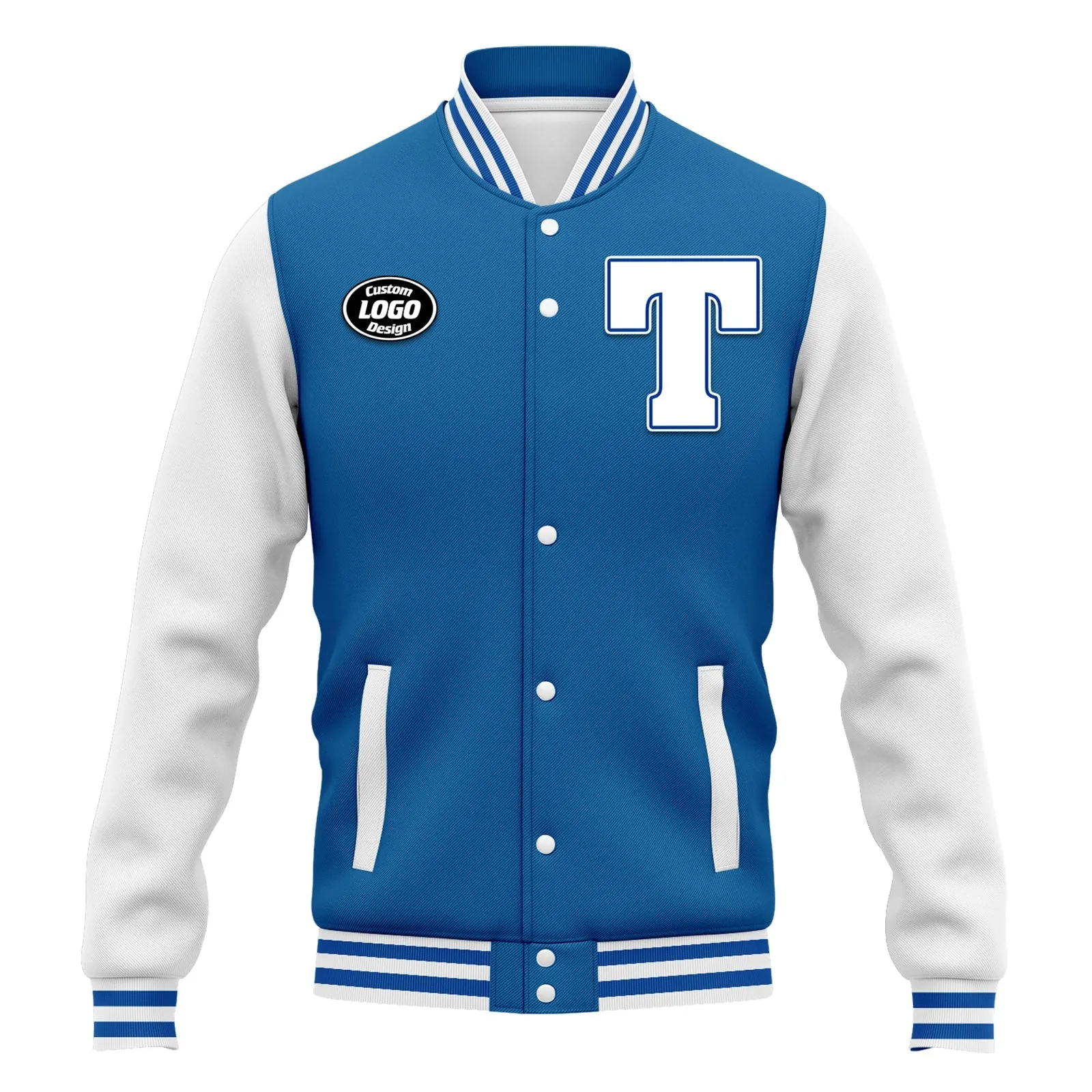 Custom Blue White Jacket Bomber Full-Snap Varsity Letterman Personalized Jacket FZ005-D020255-11