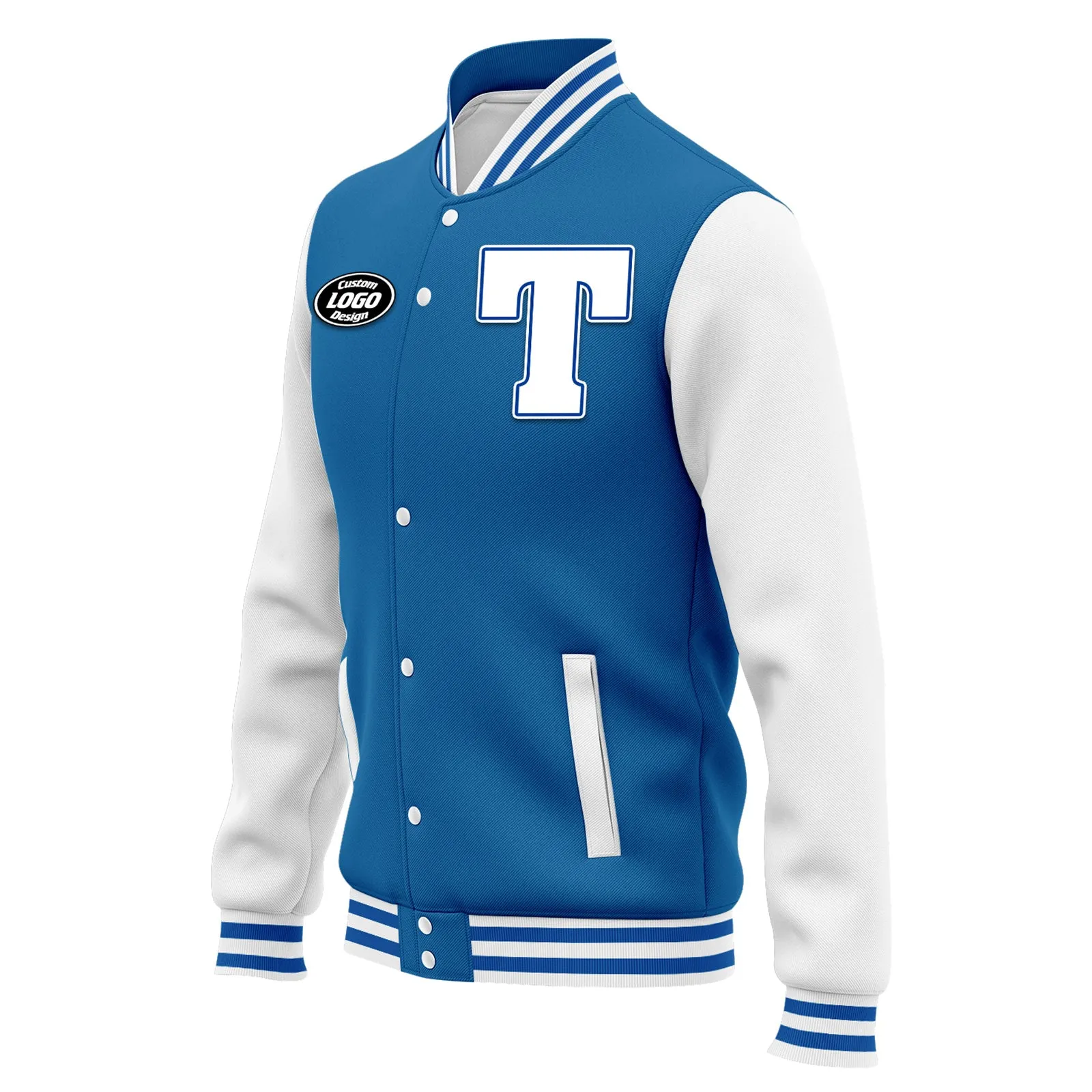 Custom Blue White Jacket Bomber Full-Snap Varsity Letterman Personalized Jacket FZ005-D020255-11