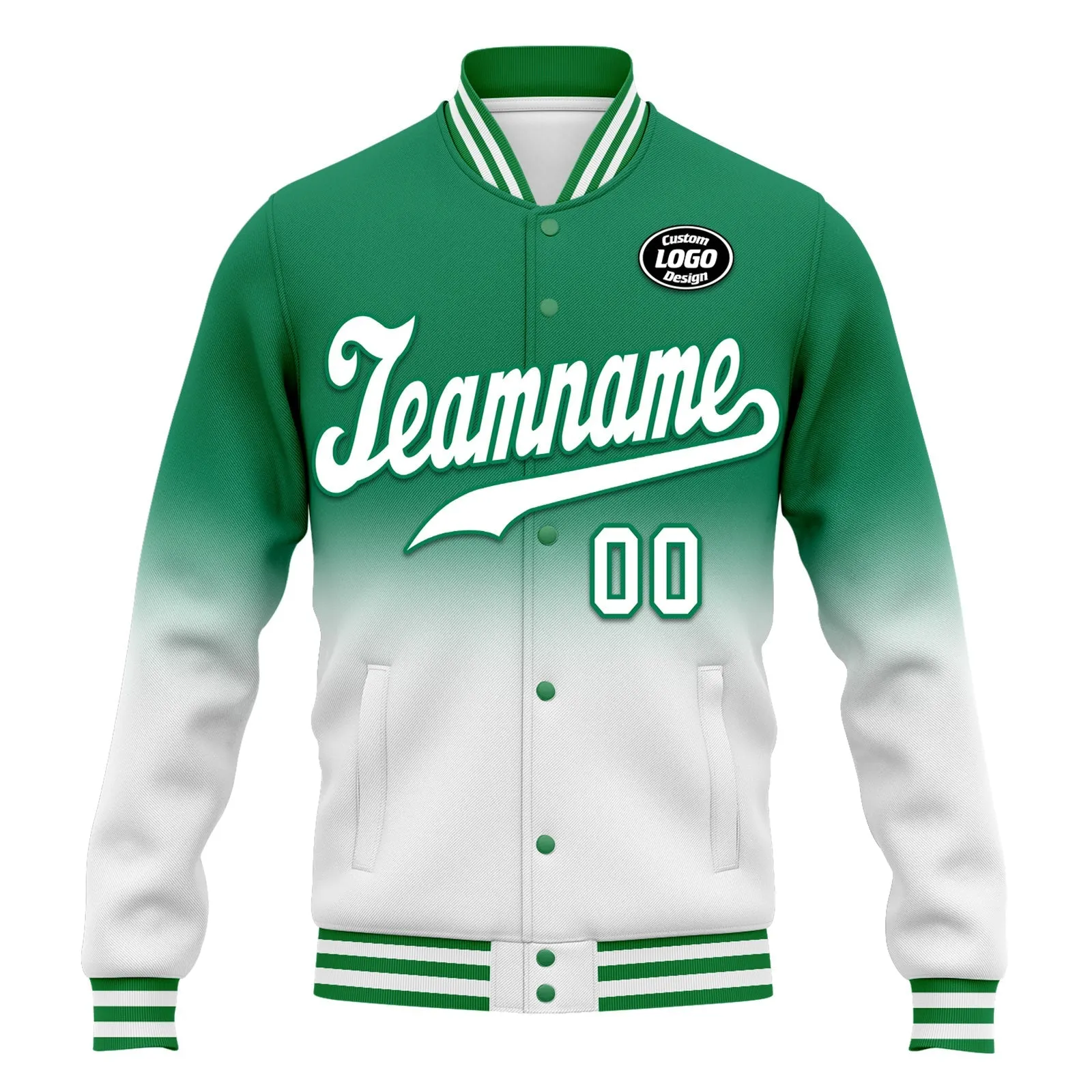 Custom Green White Fade Fashion Jacket Bomber Full-Snap Varsity Letterman Personalized Jacket FZ005-D020229-10