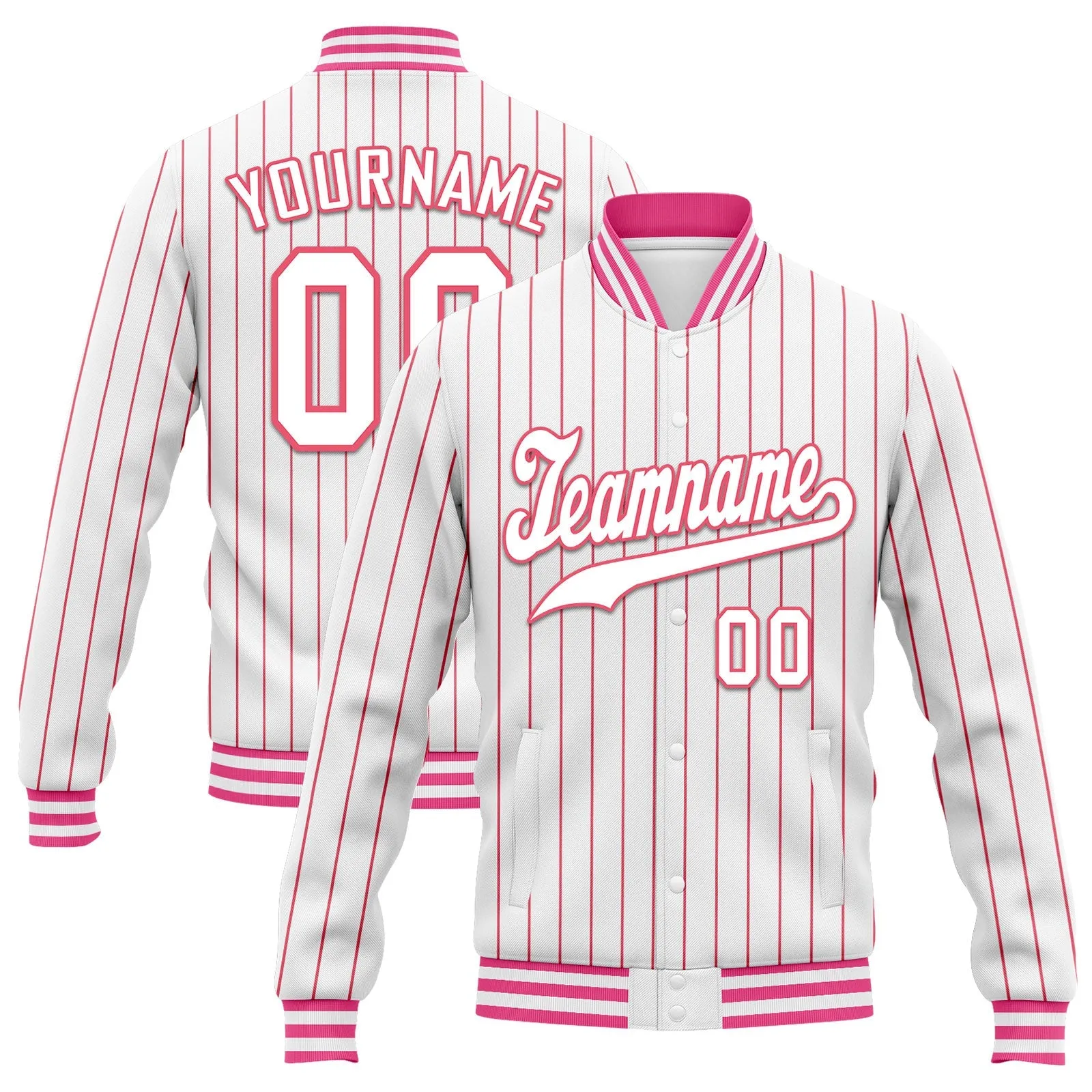 Custom White Pink Stripe Fashion Jacket Bomber Full-Snap Varsity Letterman Personalized Jacket FZ005-D020219-6