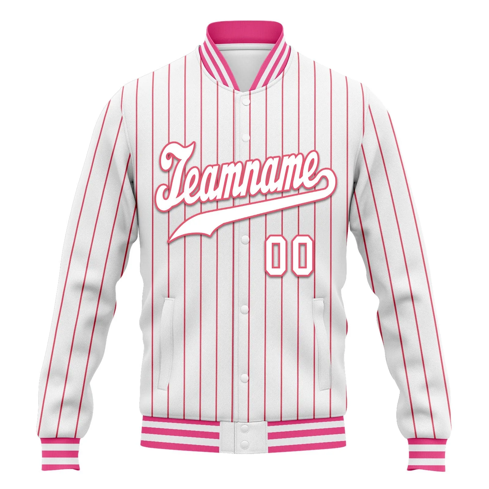 Custom White Pink Stripe Fashion Jacket Bomber Full-Snap Varsity Letterman Personalized Jacket FZ005-D020219-6