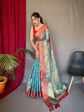 Cyan Blue Saree in Kanjeevaram Tissue Silk