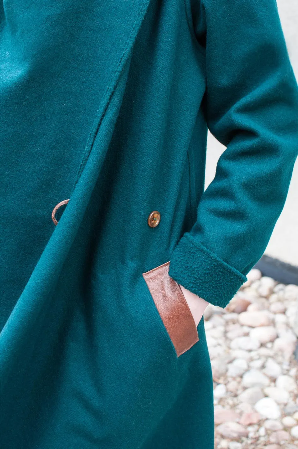 Dark Green Wool Coat w/wraparound Collar