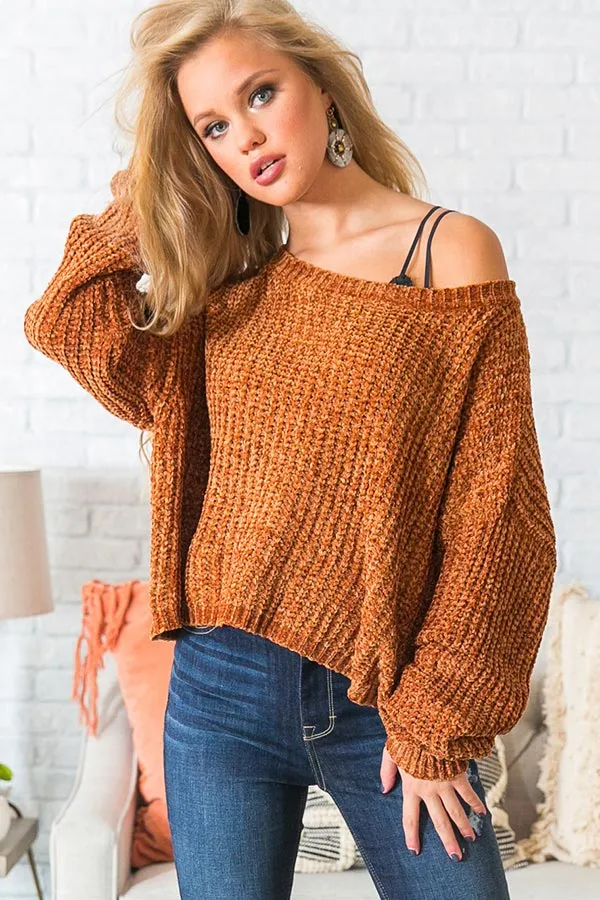 Denver Date Night Cropped Chenille Sweater in Cinnamon