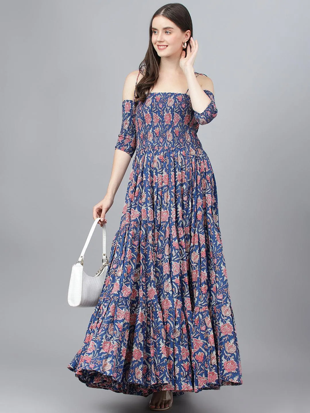 Divena Blue Floral Printed Shoulder Strips Flared Long Dress