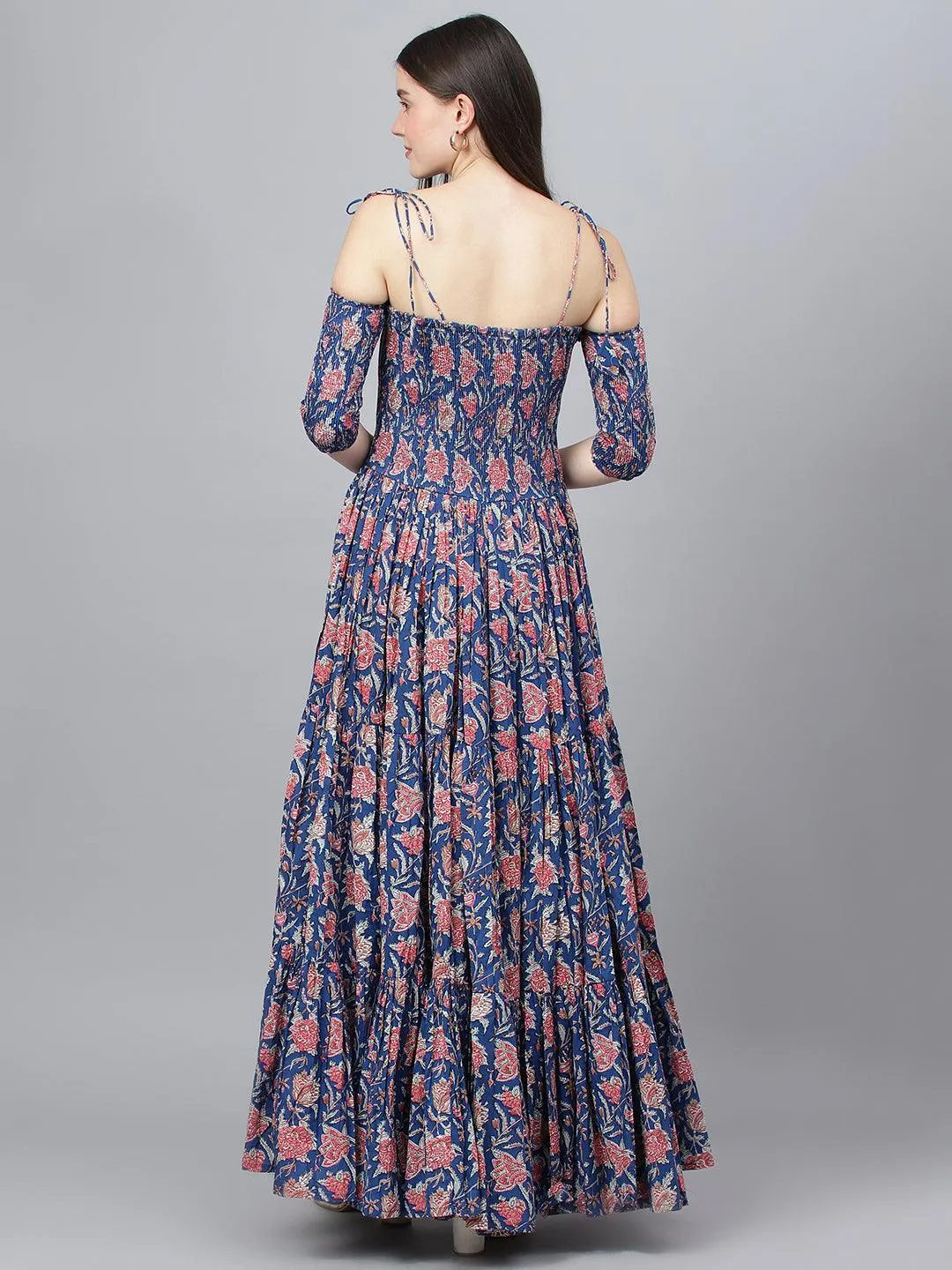 Divena Blue Floral Printed Shoulder Strips Flared Long Dress