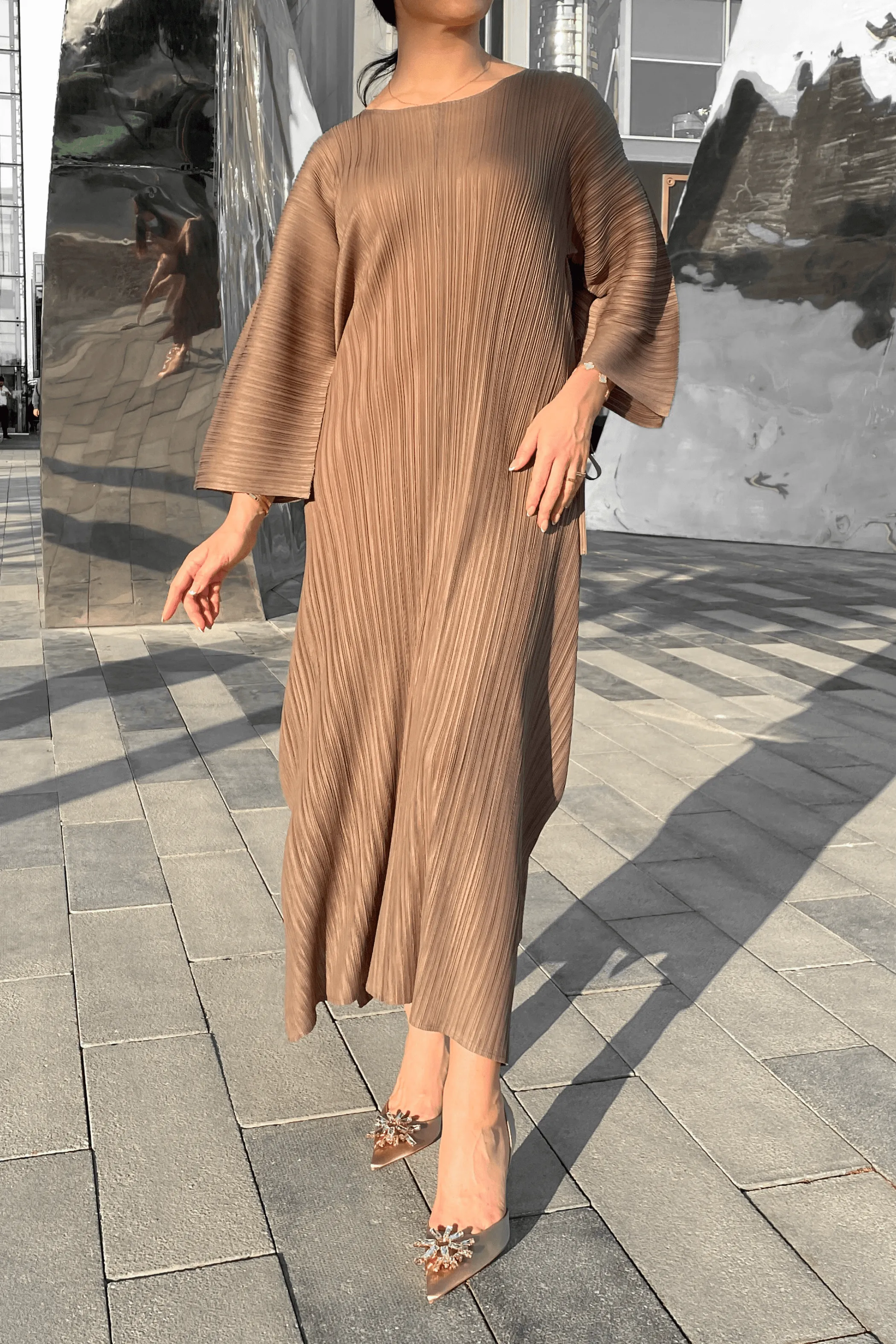 Divya Pleated Dress with Layered Sleeves