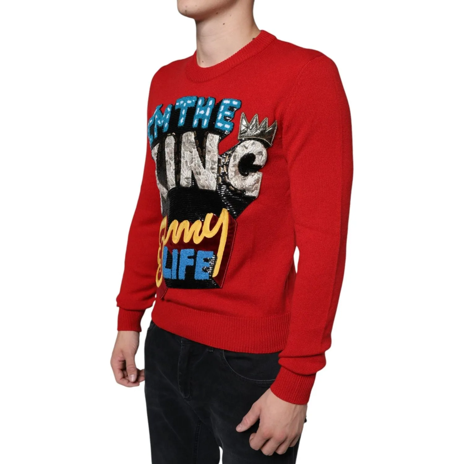 Dolce & Gabbana Red I'm The King Wool Crew Neck Sweatshirt Sweater