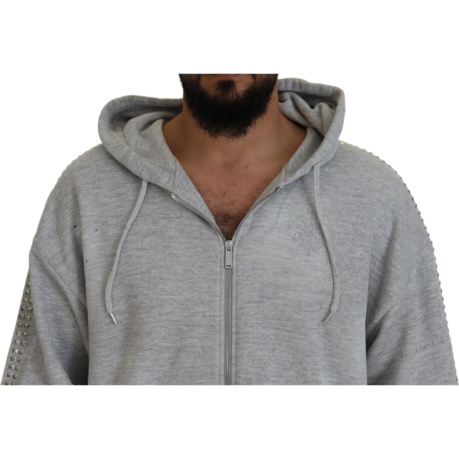 Dsquared² Gray Hooded Printed Crystal Embellishment Sweater