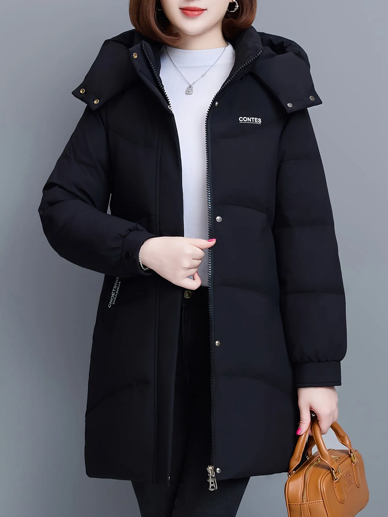 Elegant Thickened Long Hooded Slim-Fit Age-Reducing Polyester Coat Warm Solid Color with Zipper for Winter