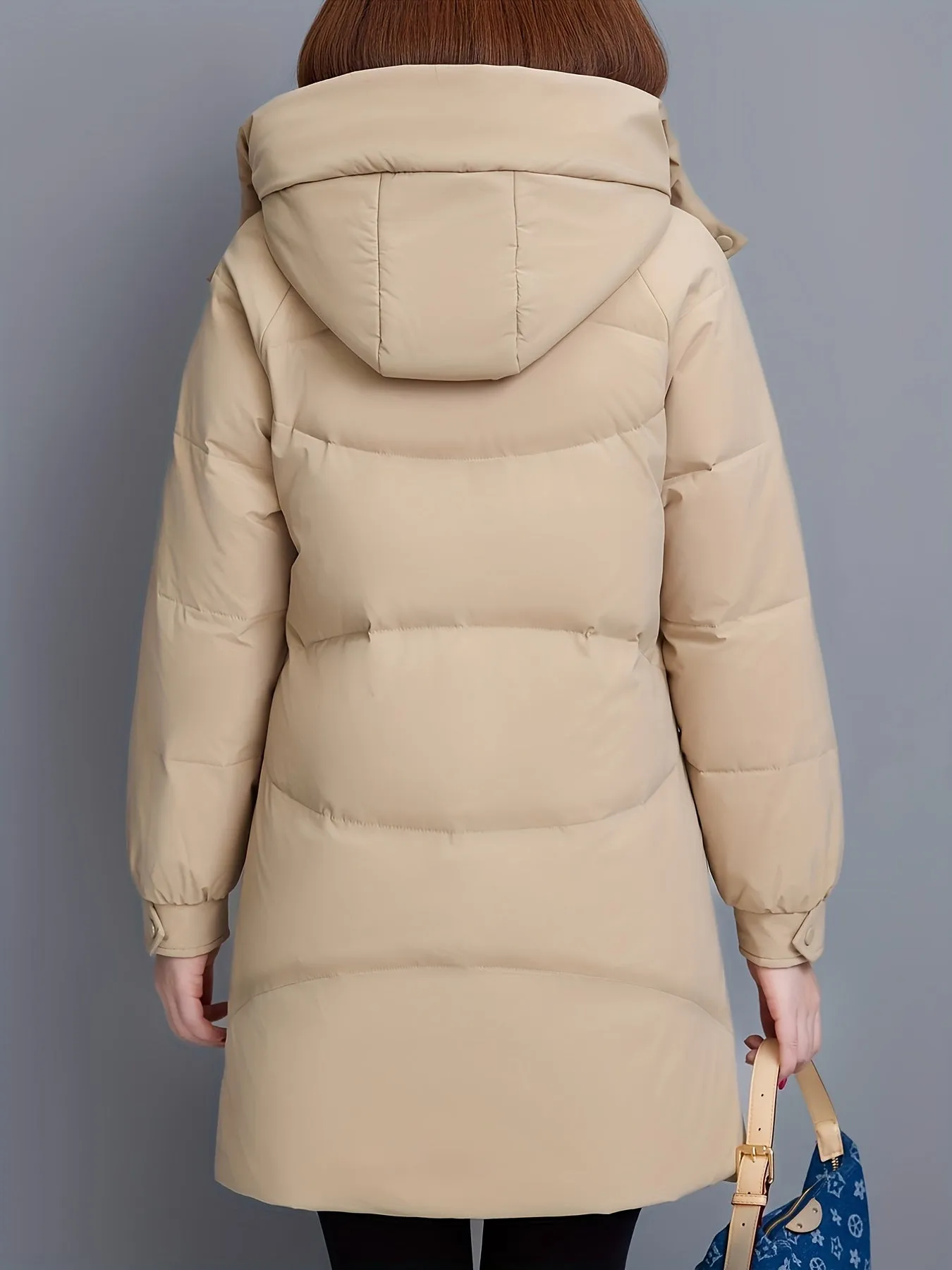 Elegant Thickened Long Hooded Slim-Fit Age-Reducing Polyester Coat Warm Solid Color with Zipper for Winter