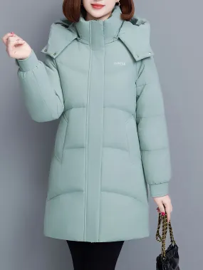 Elegant Thickened Long Hooded Slim-Fit Age-Reducing Polyester Coat Warm Solid Color with Zipper for Winter