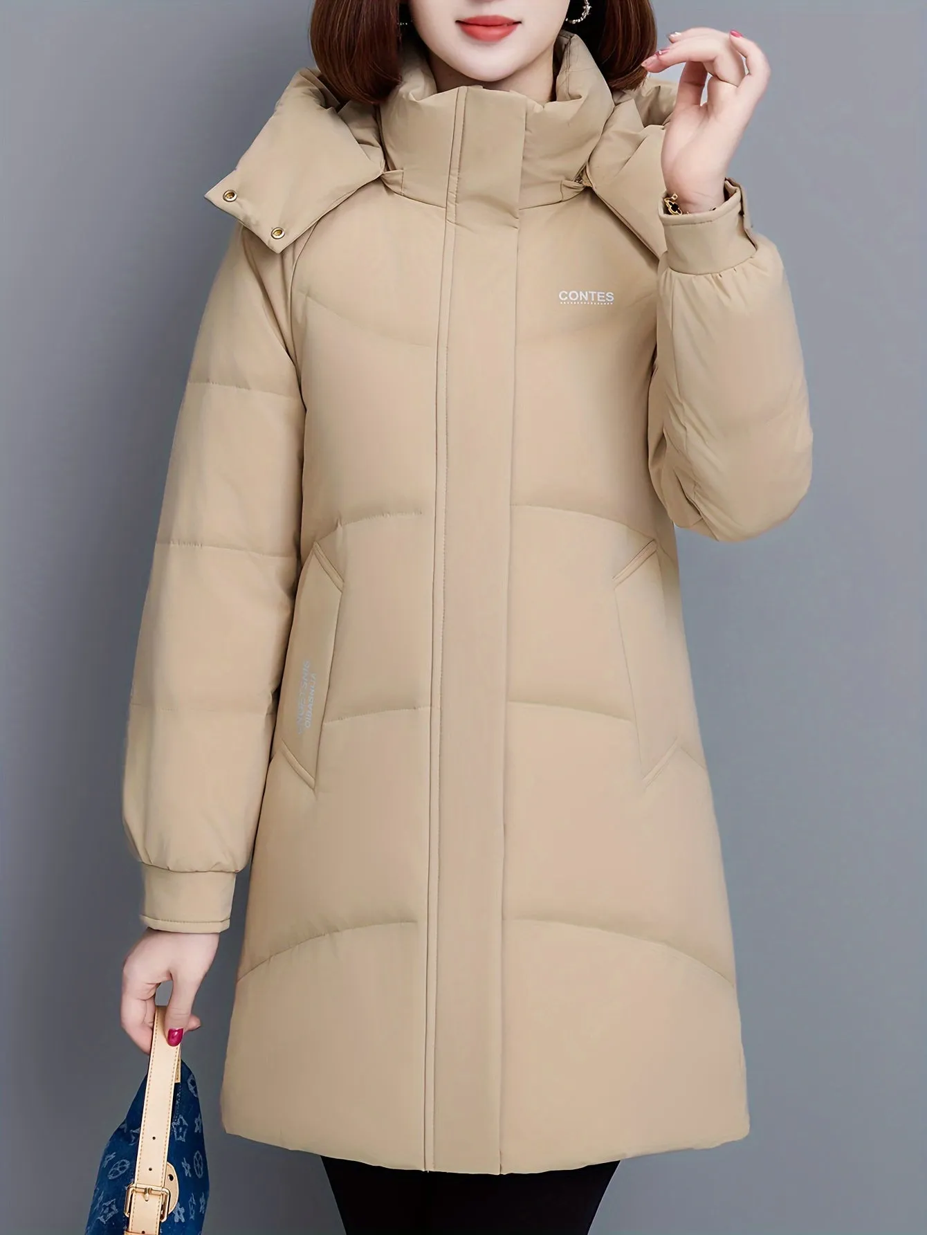 Elegant Thickened Long Hooded Slim-Fit Age-Reducing Polyester Coat Warm Solid Color with Zipper for Winter