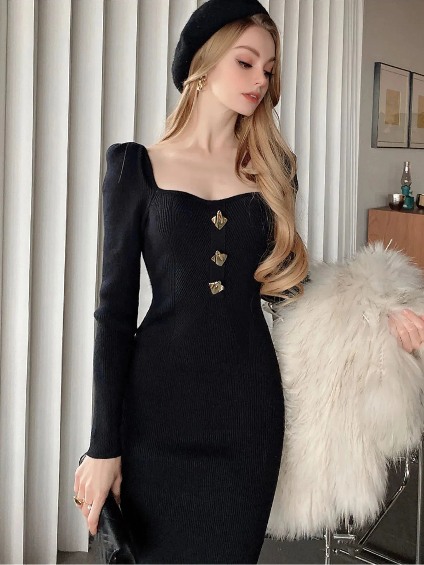 Elegant Women Navy Blue Square Neck Midi Dress Spring Long Sleeve Slim Fit Ladies Knited Long Robes With Buttons C-063