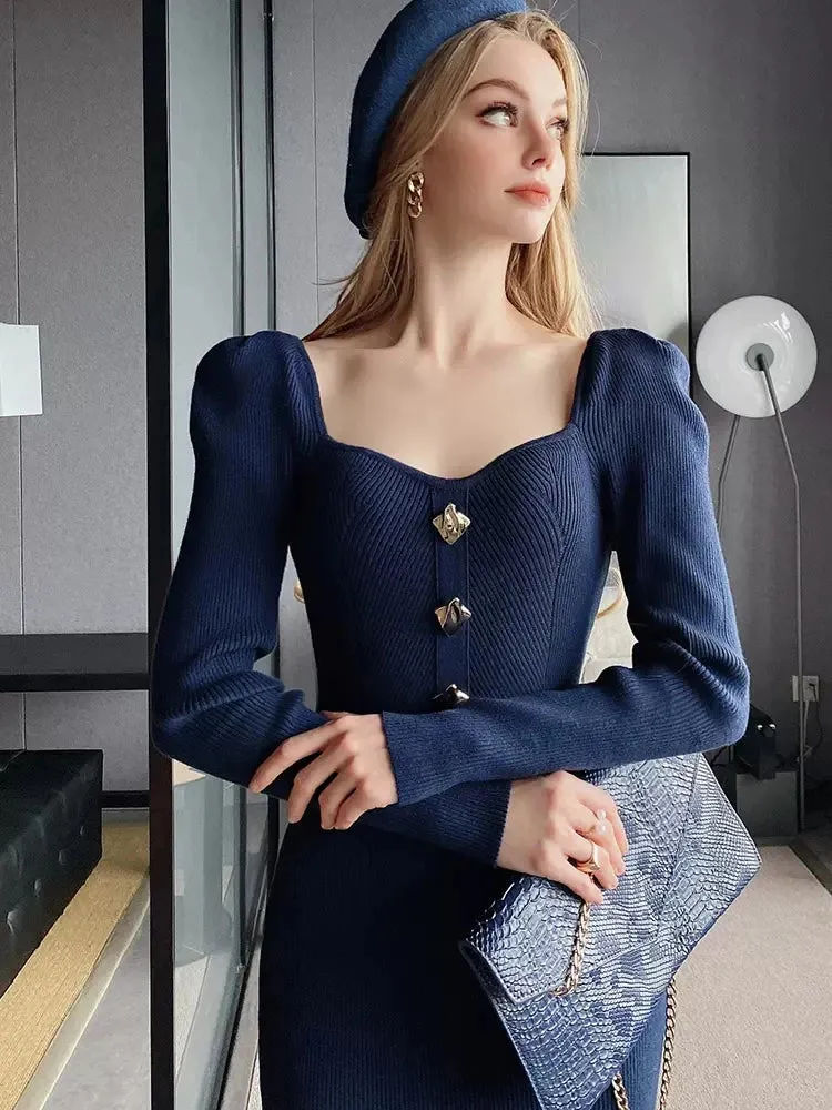 Elegant Women Navy Blue Square Neck Midi Dress Spring Long Sleeve Slim Fit Ladies Knited Long Robes With Buttons C-063