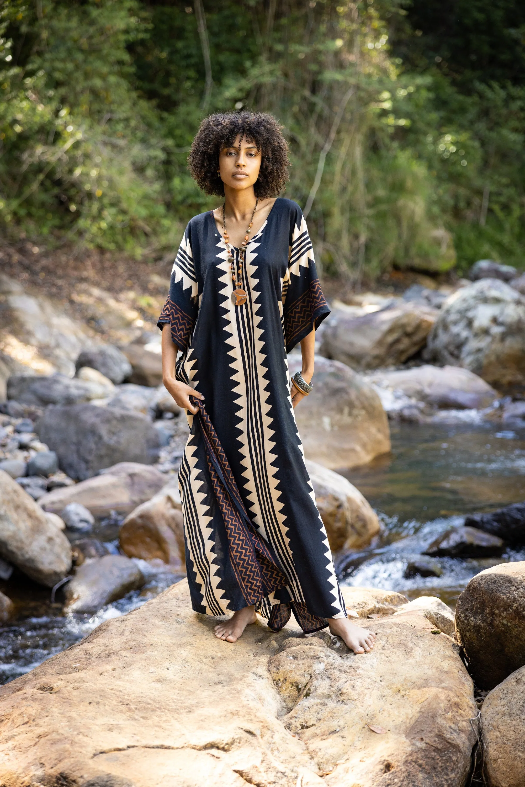 ELGA Kaftan Maxi Long Dress Soft Breathable Rayon Fabric Tribal Black White African Patterns Boho Festival Elegant Shamanic AJJAYA