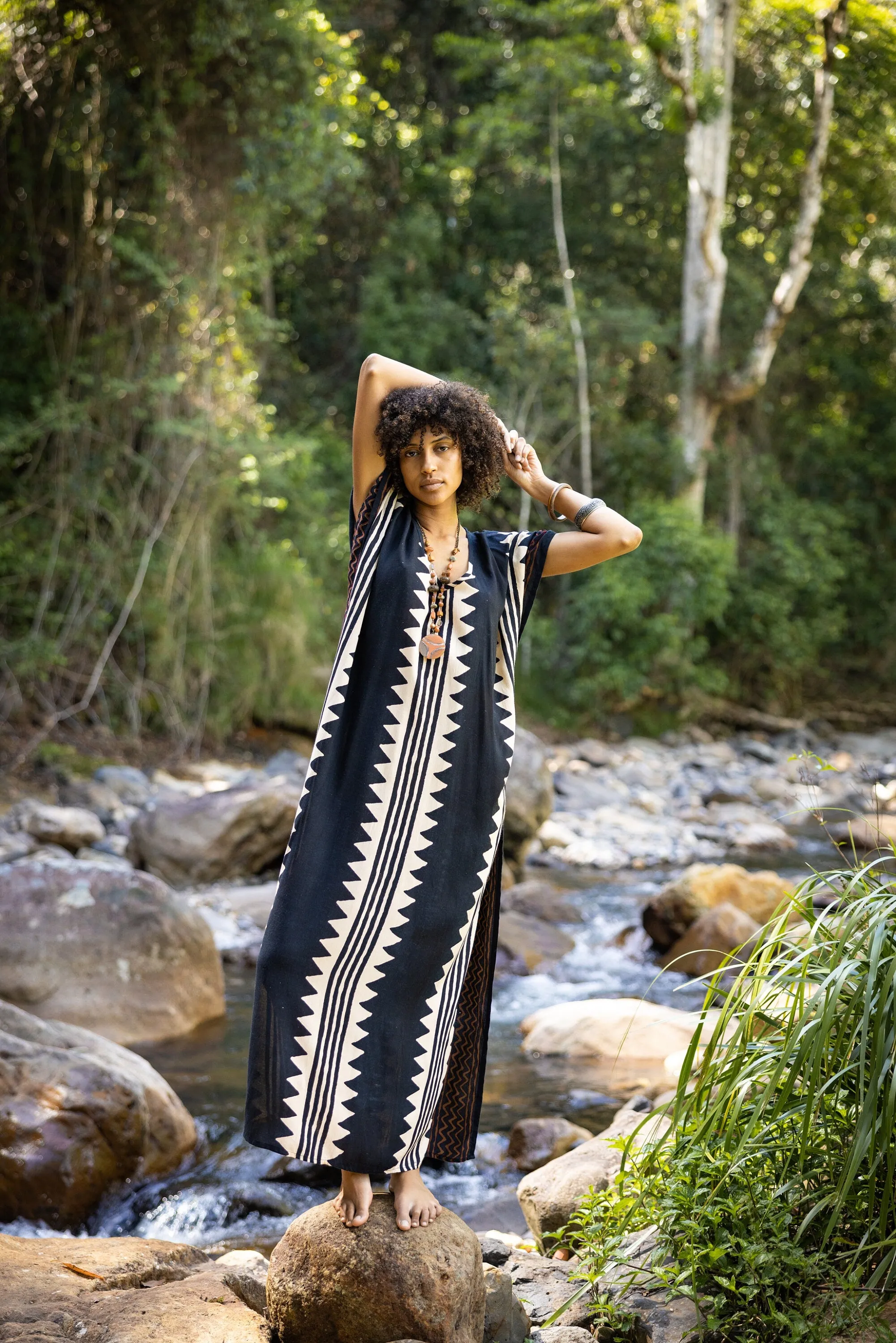 ELGA Kaftan Maxi Long Dress Soft Breathable Rayon Fabric Tribal Black White African Patterns Boho Festival Elegant Shamanic AJJAYA