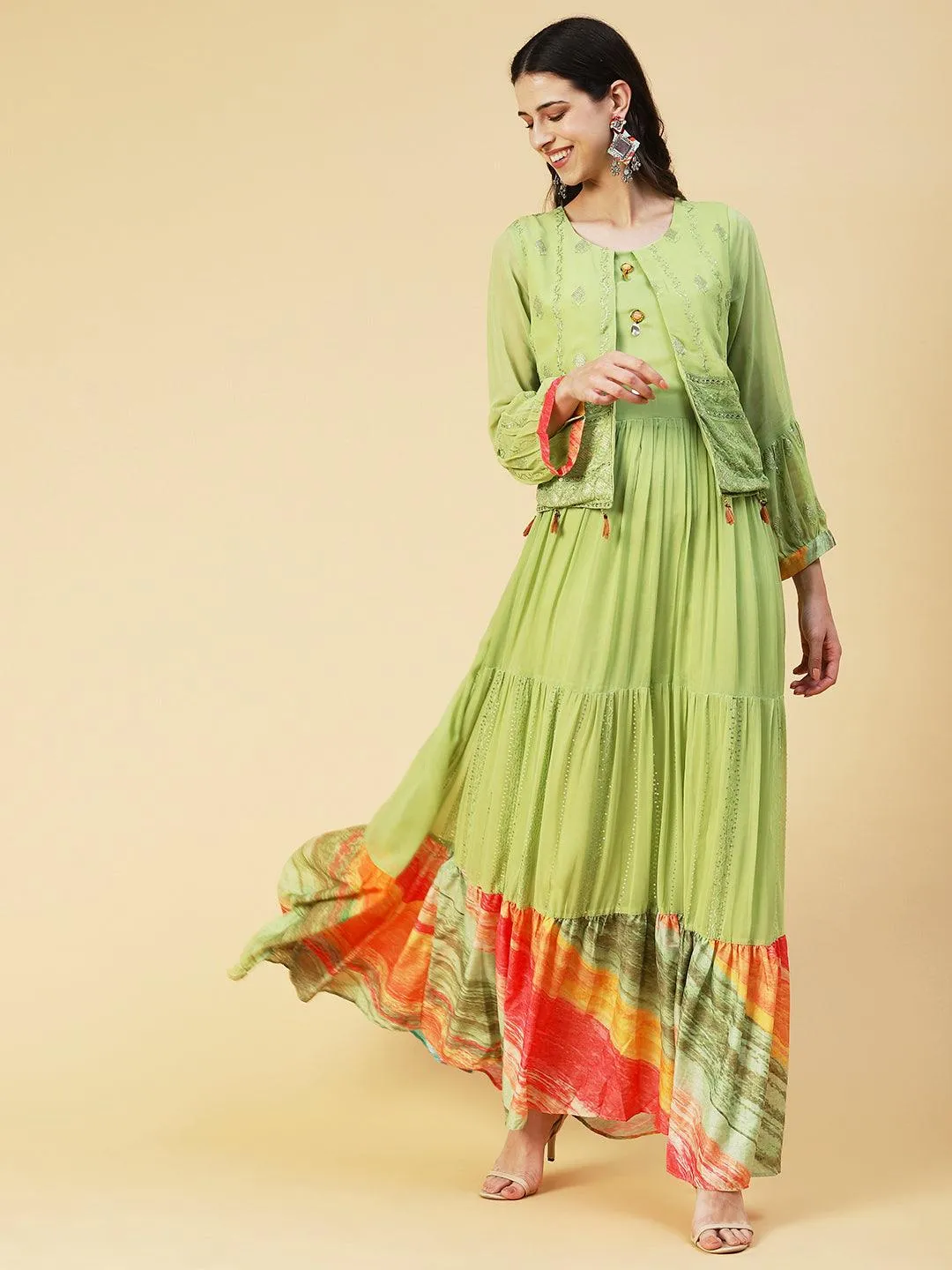 Ethnic Embroidered Tiered Fit & Flare Maxi Dress - Green