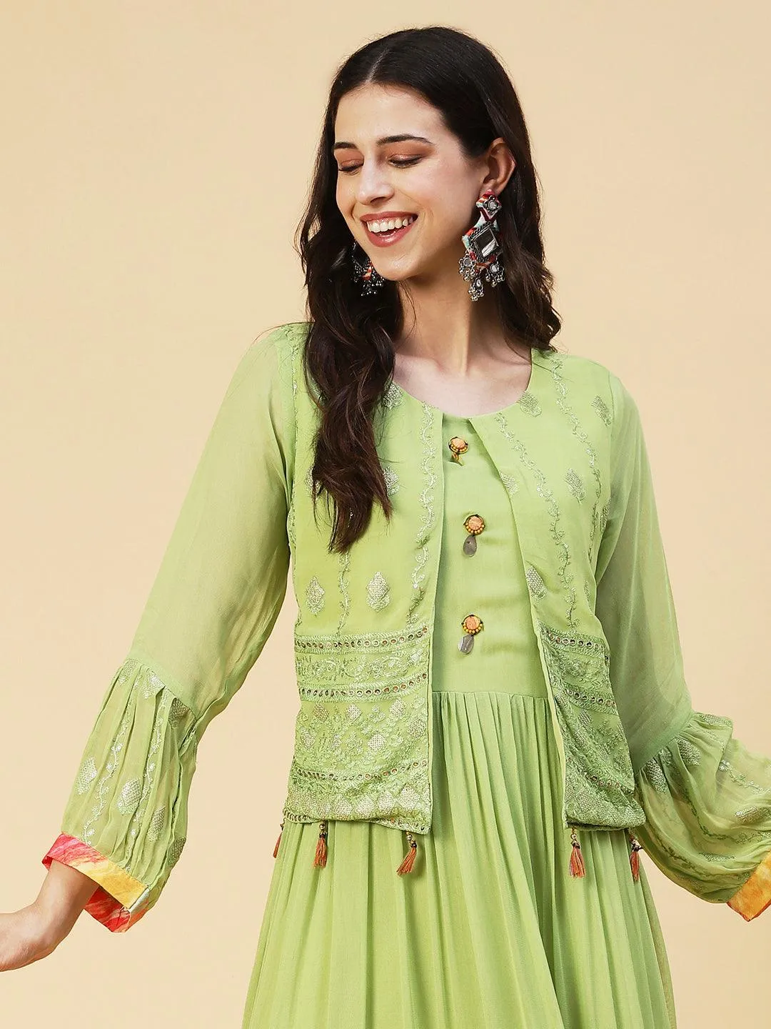 Ethnic Embroidered Tiered Fit & Flare Maxi Dress - Green