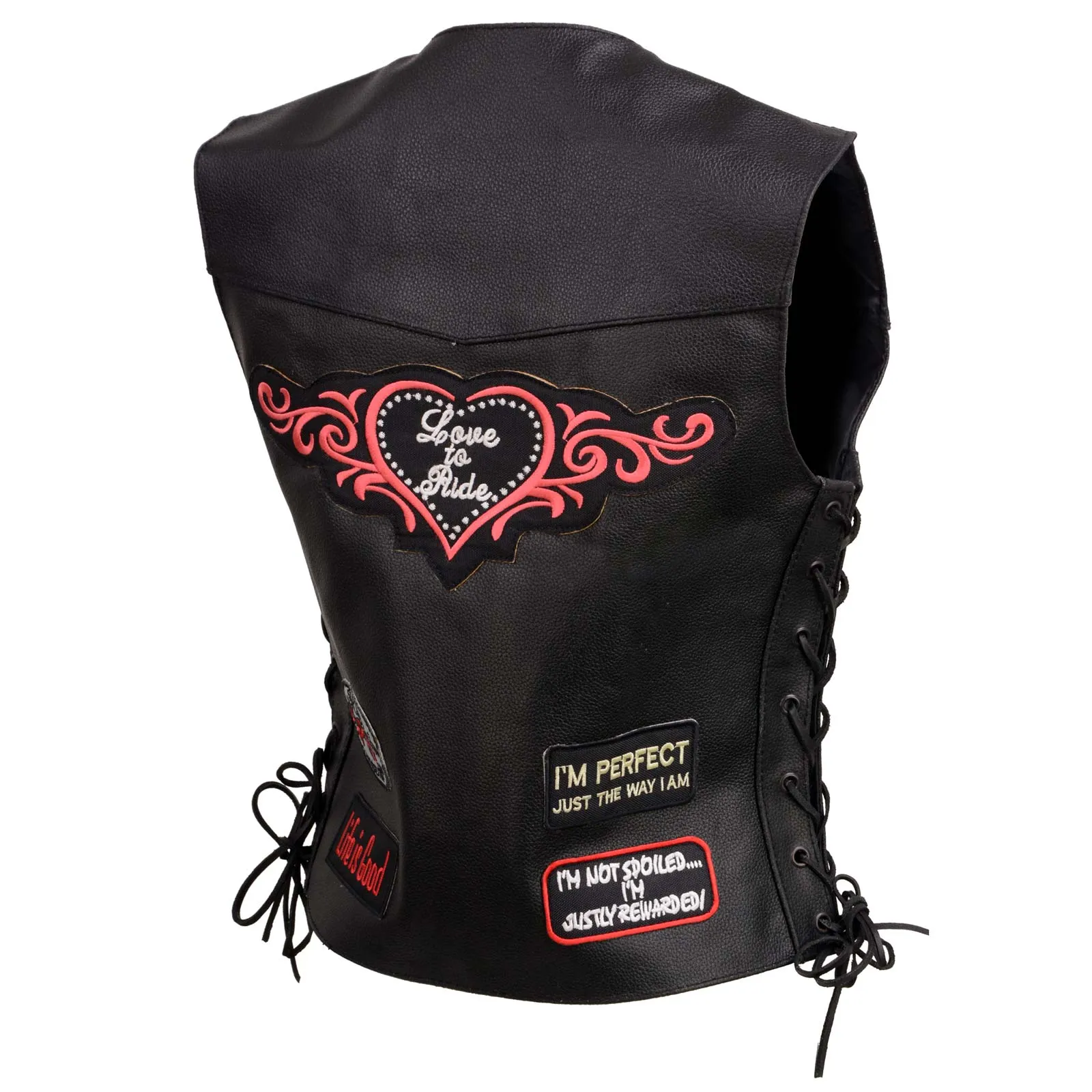 Event Leather ELL4900 Women’s 'Love to Ride' Black Leather Motorcycle Patched Embroidered Vests with Side Laces