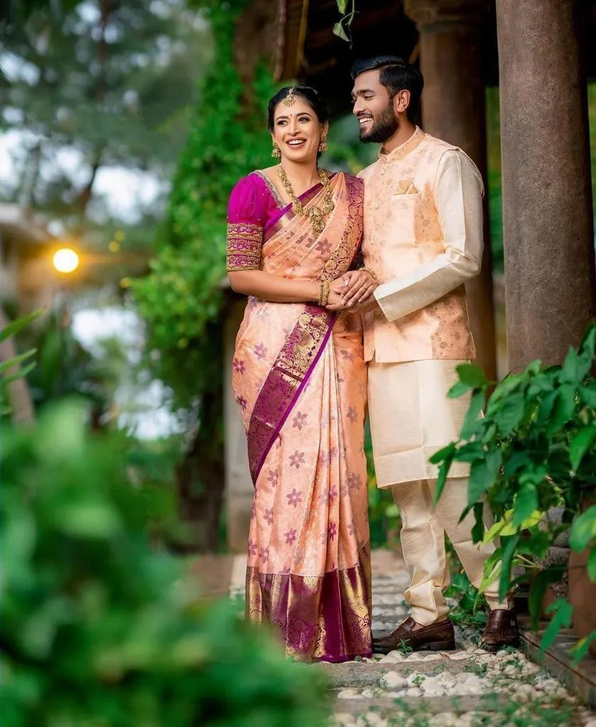 Felicitous Peach Soft Banarasi Silk Saree With Lovely Blouse Piece