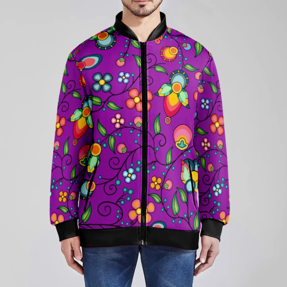 Floral Bounty Purple Zippered Collared Lightweight Jacket