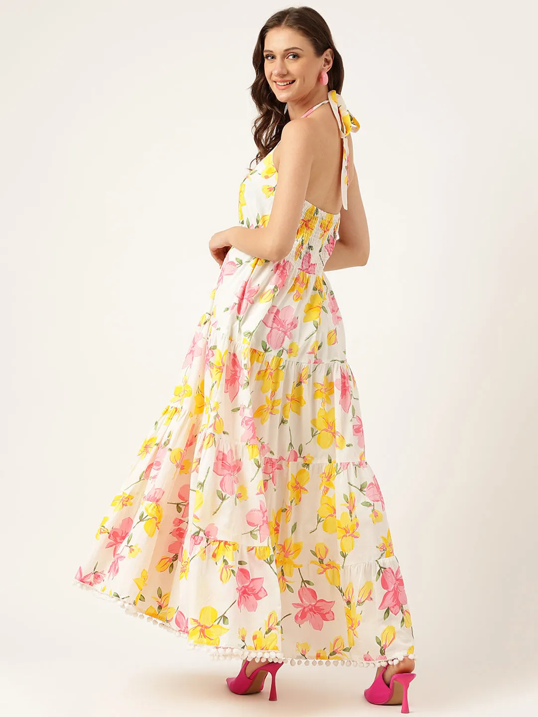 Floral Printed Halter Neck Cotton Casual Maxi Dress